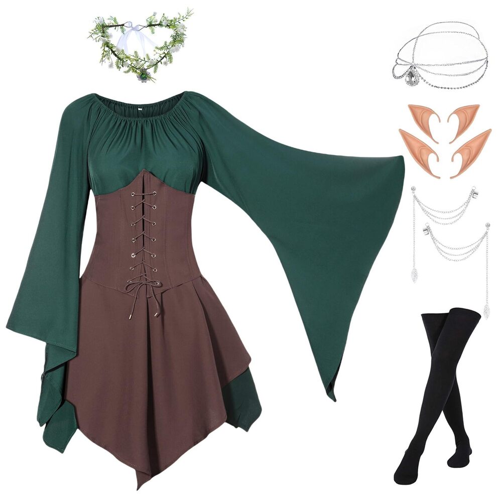 7495 7 Pcs Renaissance Costume Medieval Bell Sleeves Dress